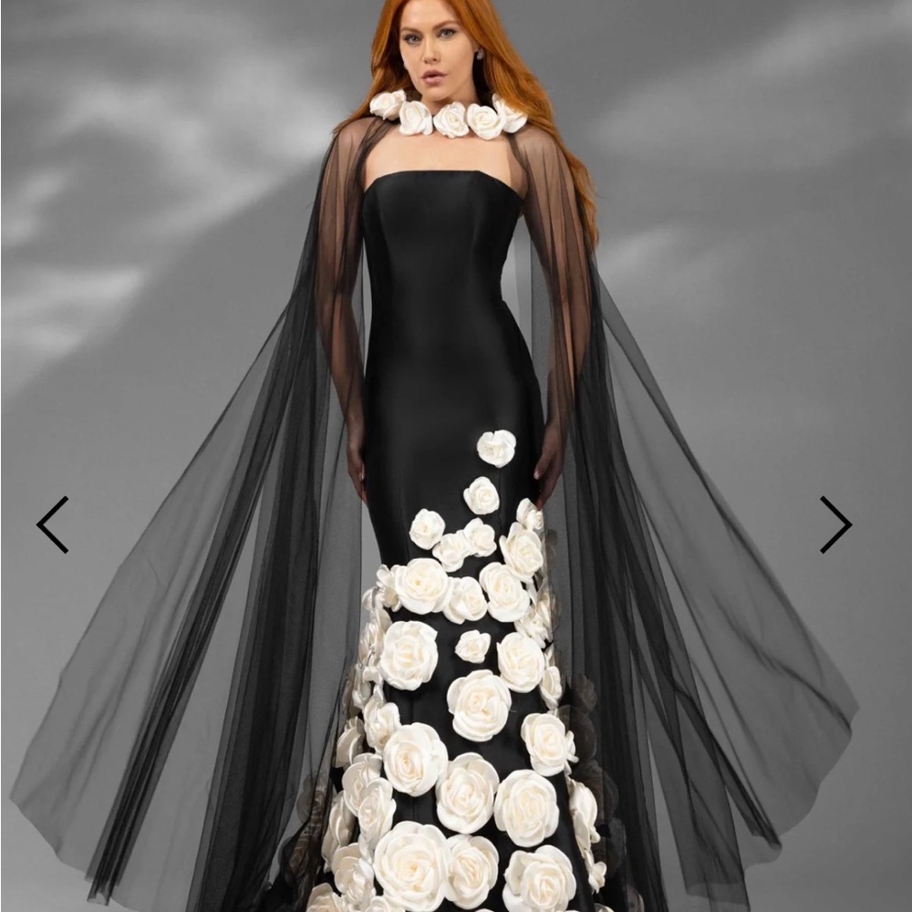 Terani Couture 251GL4184 Long 3D Floral Applique Detachable Cape Formal Dress